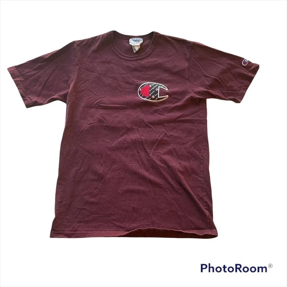Vintage Champion Tee T-shirt Heritage Big Logo Burgundy Size Medium Streetwear - Picture 10 of 10